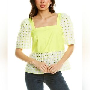 Tanya Taylor Delia Yellow Eyelet Top New 0 XS Peplum Blouse Dainty Spring $325